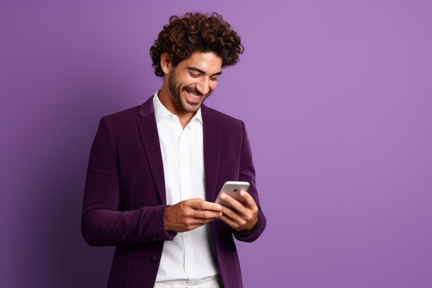 man with phone on purple background