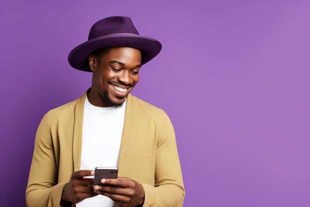 Man with phone on purple background