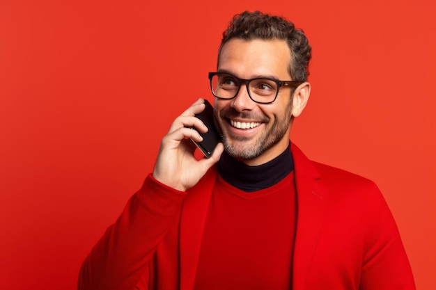 man with phone on red background