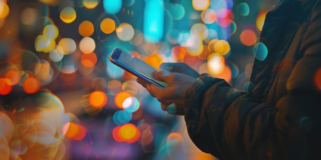 man with a phone on the street on a blurred background in bokeh circles Generative AI