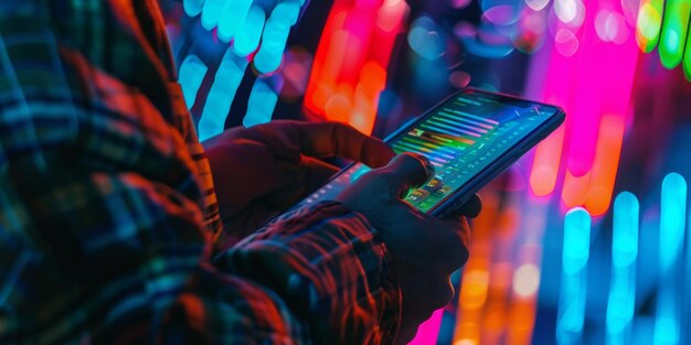 Foto uomo con un telefono per strada su uno sfondo sfocato in cerchi bokeh ai generativa