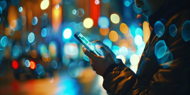 man with a phone on the street on a blurred background in bokeh circles Generative AI