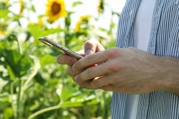 ひまわり畑で携帯電話を持つ男。
