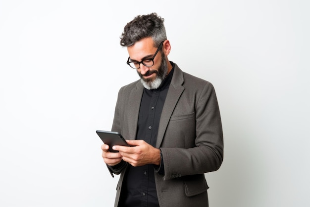 Man with phone on white background