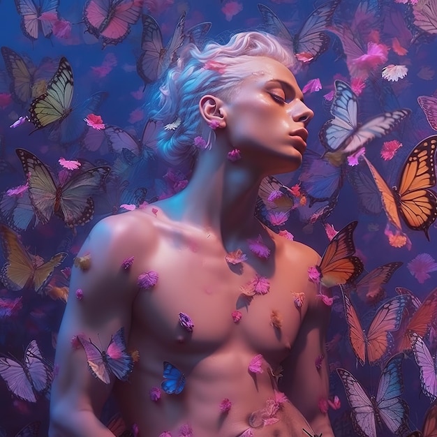 A man with a pink hair and a blue background with butterflies on it.