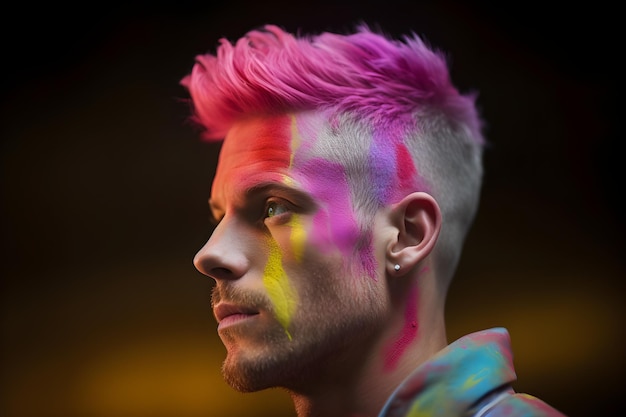 A man with pink hair and a rainbow haircut