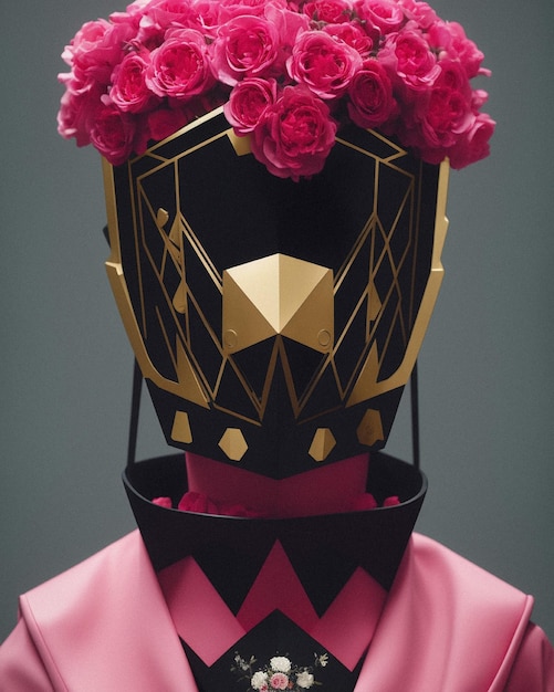 A man with a pink helmet and a pink hat with roses on it.