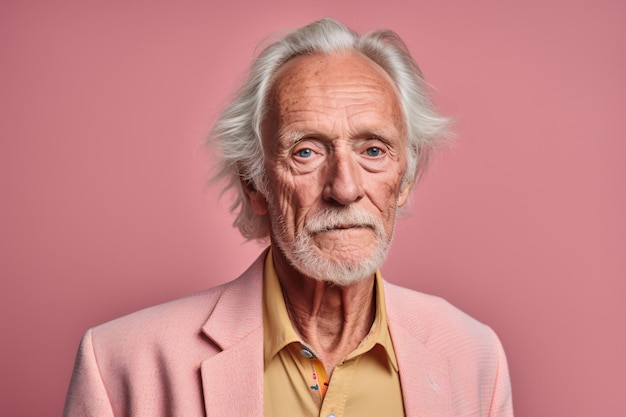 a man with a pink jacket and a yellow shirt