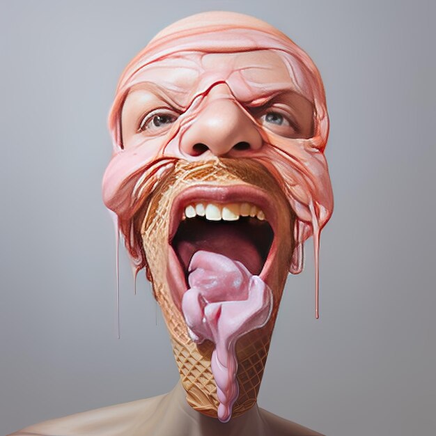 Photo a man with a pink mustache is licking an ice cream cone