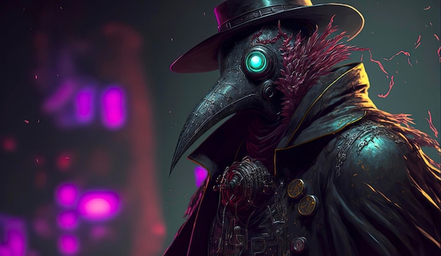 Man with a plague doctor mask purple neon mask in background cyberpunk