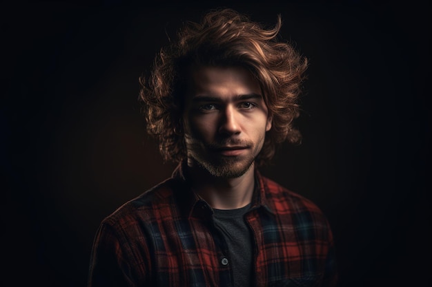 A man with a plaid shirt and a plaid shirt is standing in front of a dark background.