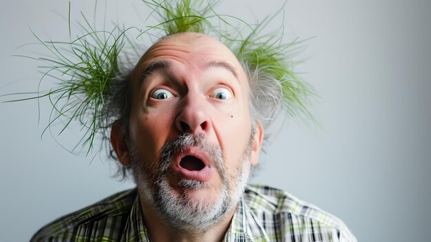 Man with plants growing on head expressing surprise humorous quirky portrait captures attention perfect for creative projects AI