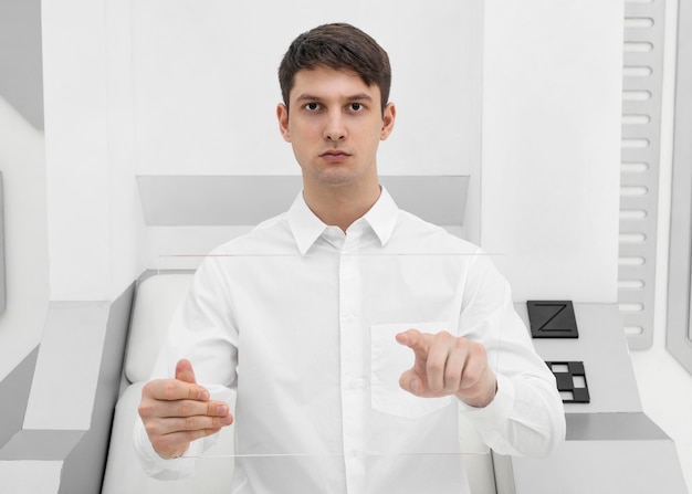 Man with plastic board