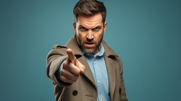 a man with a pointing hand gesture in the blue studio background