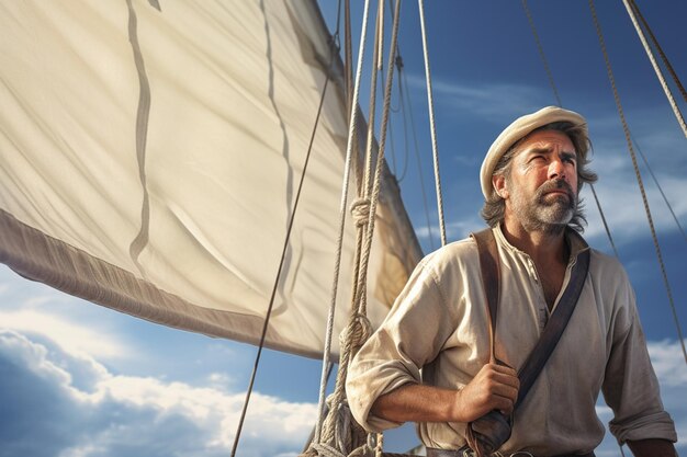 Photo man with precision he adjusted the sails of his sailboat on a breezy day