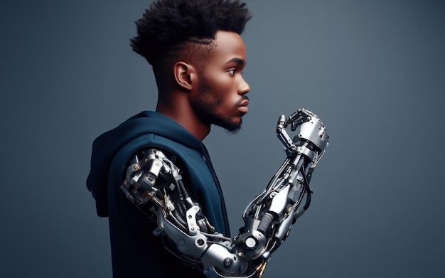 A man with a prosthetic arm an AI powered mechanical arm the concept of producing