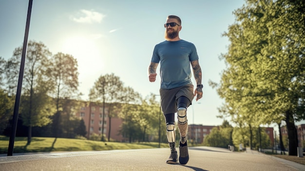 A man with a prosthetic leg running aroundDisabled person with prosthetic leg running marathon