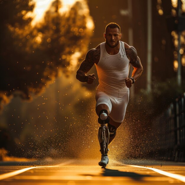 A man with a prosthetic leg runs on a track