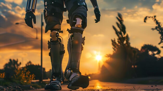 Photo a man with prosthetic leg stands on a road at sunset