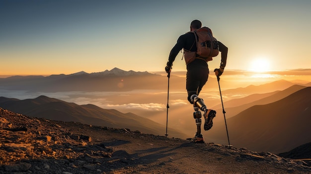 Uomo con una gamba protetica che corre in cima alla montagna durante la mattinata focus sulla gamba bionica