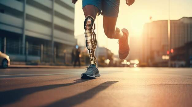 Man with prosthetic leg trail running on top of mountain during morning time Focus on bionic leg