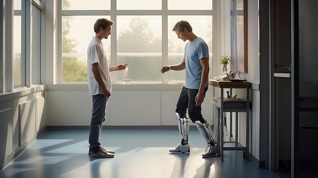 A man with prosthetic legs talking to a doctor