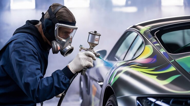 Photo man with protective clothes and mask painting car using spray compressor selective focus