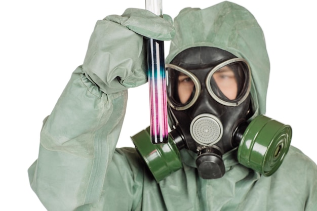 Man with protective mask and protective clothes examines a water sample portrait isolated over white studio background