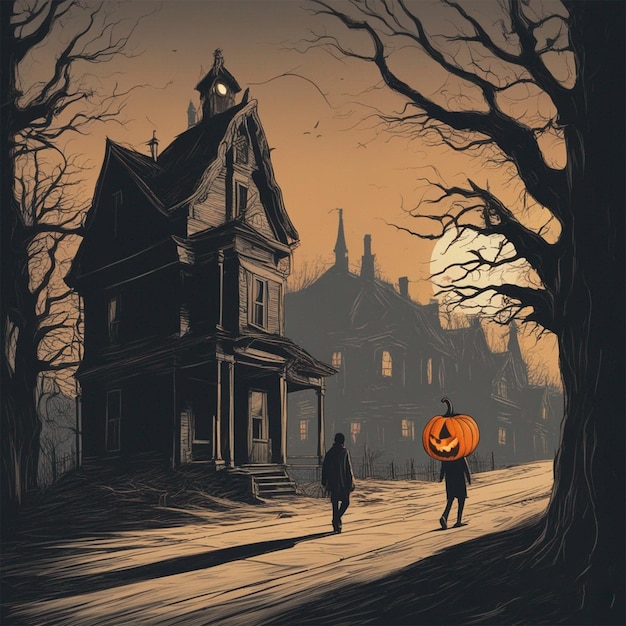 Man with pumpkin head walking on the street Halloween ai generated art