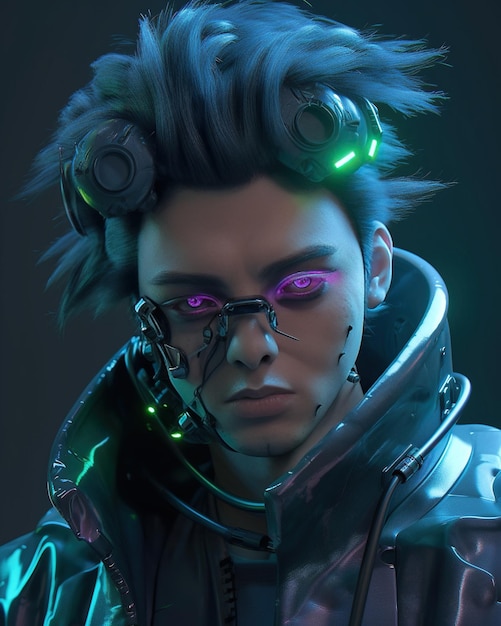 Premium AI Image | A man with purple eyes and a futuristic look on his face