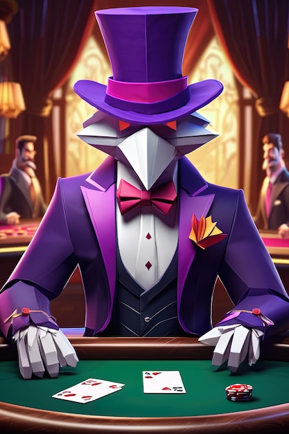 Photo man with a purple suit and bow tie sitting at a poker table