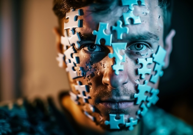 Фото Человек с головоломкой на лице символ видения для решения проблем, созданный ии