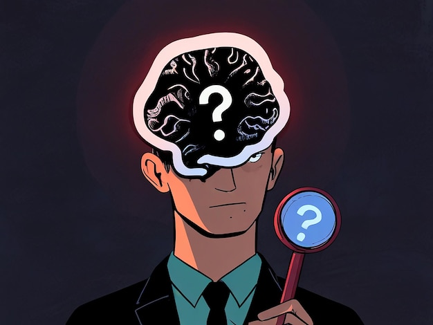 a man with a question mark on his head is looking up with a magnifying glass in his hand