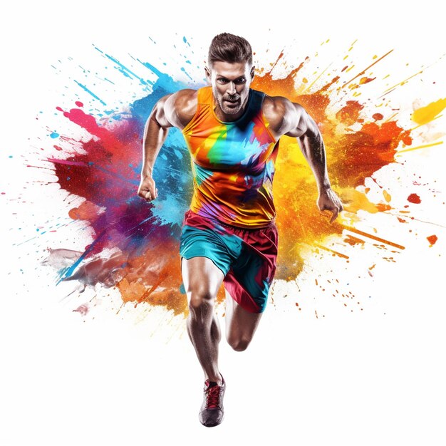 a man with a rainbow colored shirt is running in a colorful circle.