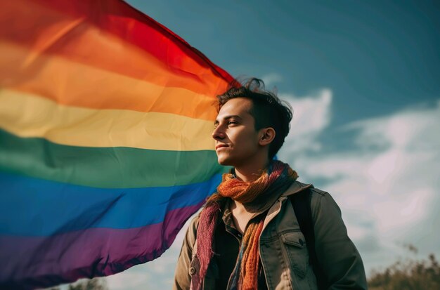 A man with a rainbow flag in his hand