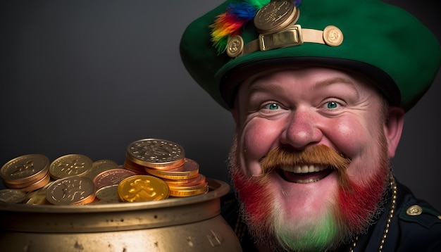 A man with a rainbow hat and a pot of gold and coins