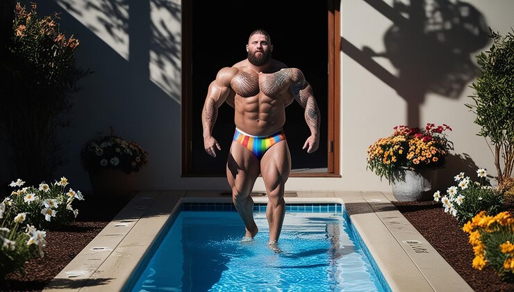 Photo a man with a rainbow shorts is standing in a pool with a body of water