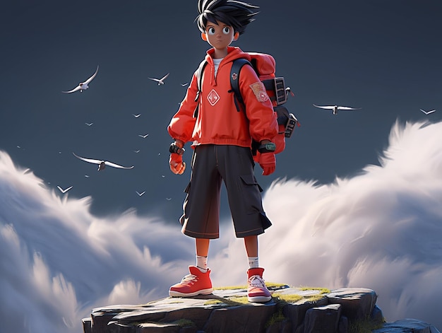 A man with a red backpack stands on a rock with birds in the background.