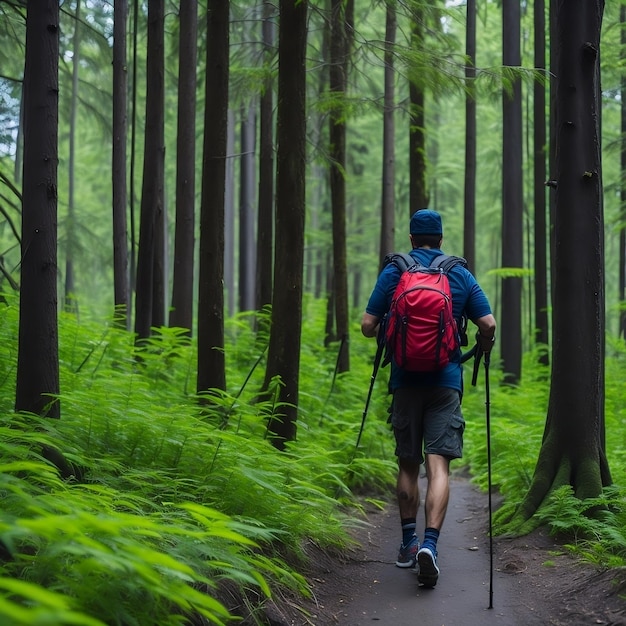 A man with a red backpack walks through a forest