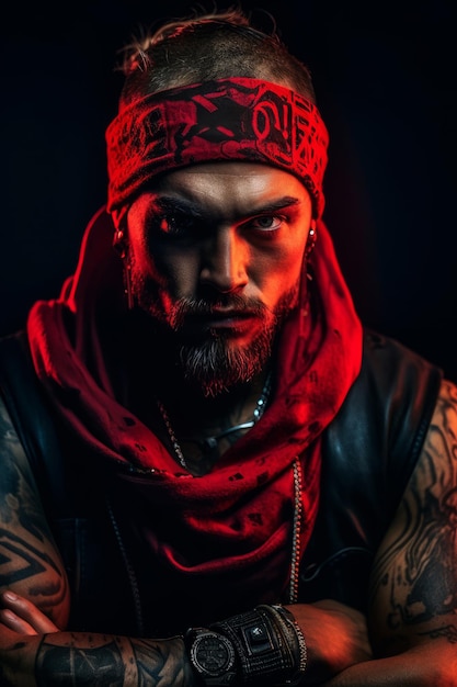 A man with a red bandana and a black bandana on his head sits in a dark room.