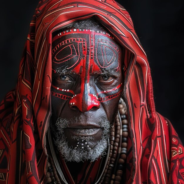 a man with a red and black headdress and a red and black headdress