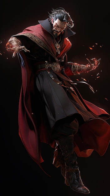 a man with a red cloak and a red cloak is standing in front of a black background