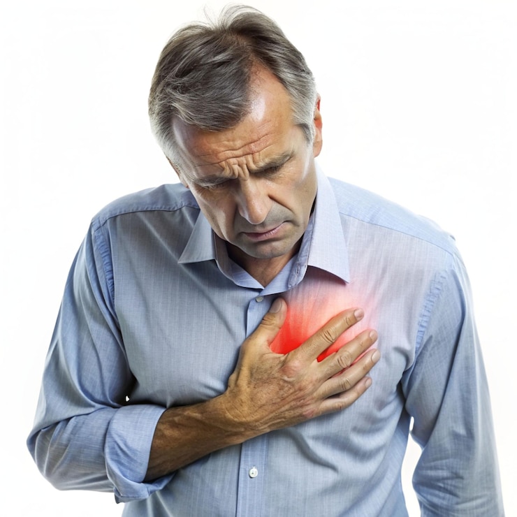 Photo a man with a red cross on his chest holds a heart attack