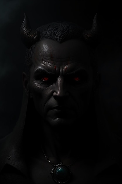 A man with red eyes and a black devil face.