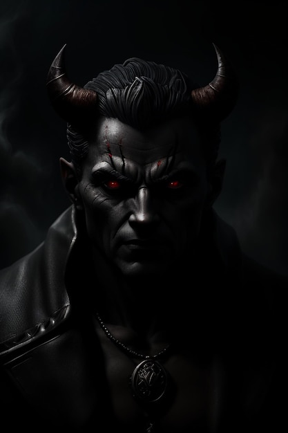A man with red eyes and a black jacket with the word hell on it.