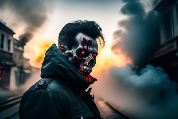 A man with red eyes and a black mask with red eyes stands on a road with smoke in the background.