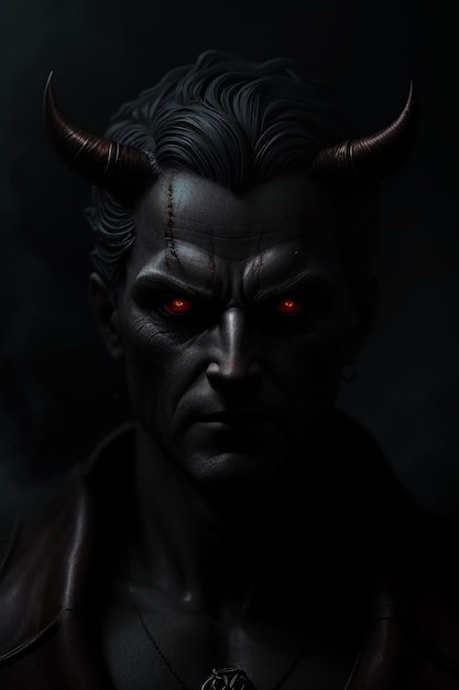 A man with red eyes and a black shirt with a devil on it.