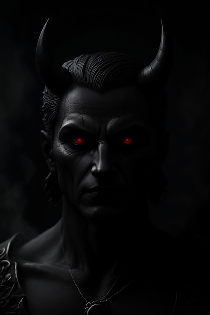 A man with red eyes and a devil face in the dark.