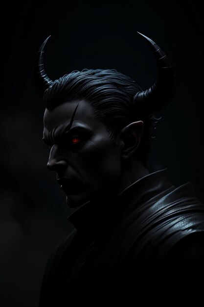 A man with red eyes and a red glowing horns stands in the dark.