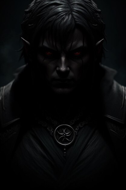 Мужчина с красными глазами и серебряным ожерельем со словом "демон" на нем.